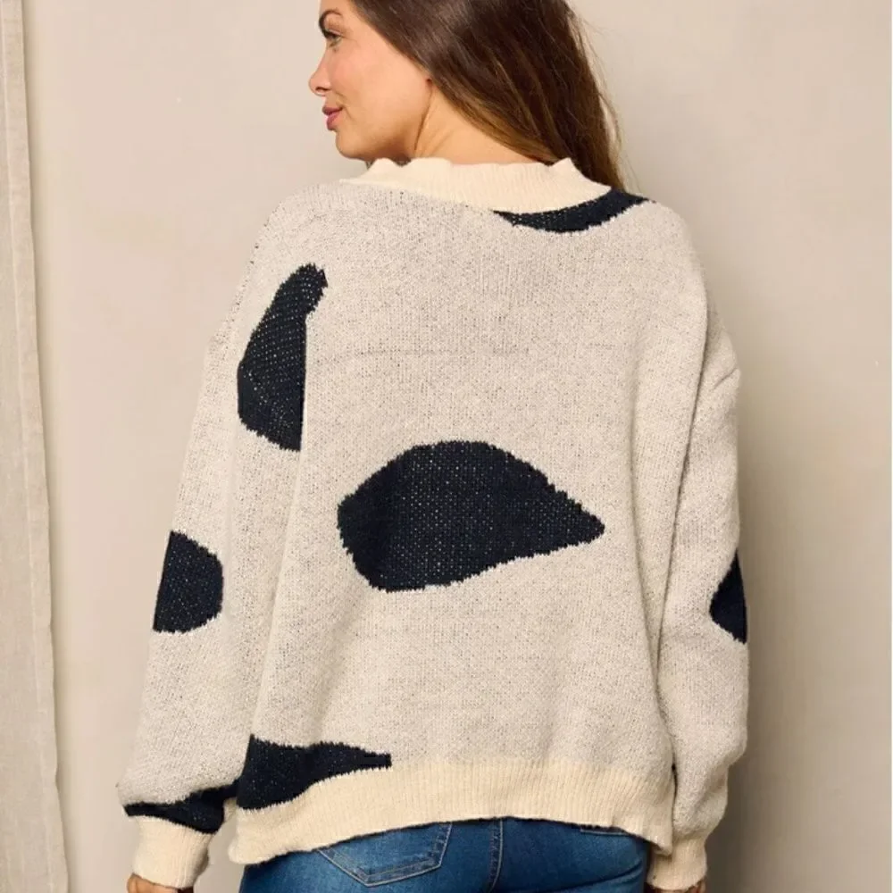 Popular Cow Hide Knit Pattern Button Front Cardigan Sweater Black Cream Pockets